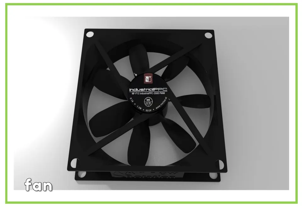 Labeled computer vocabulary flashcard showing a computer cooling fan with the word fan beneath it