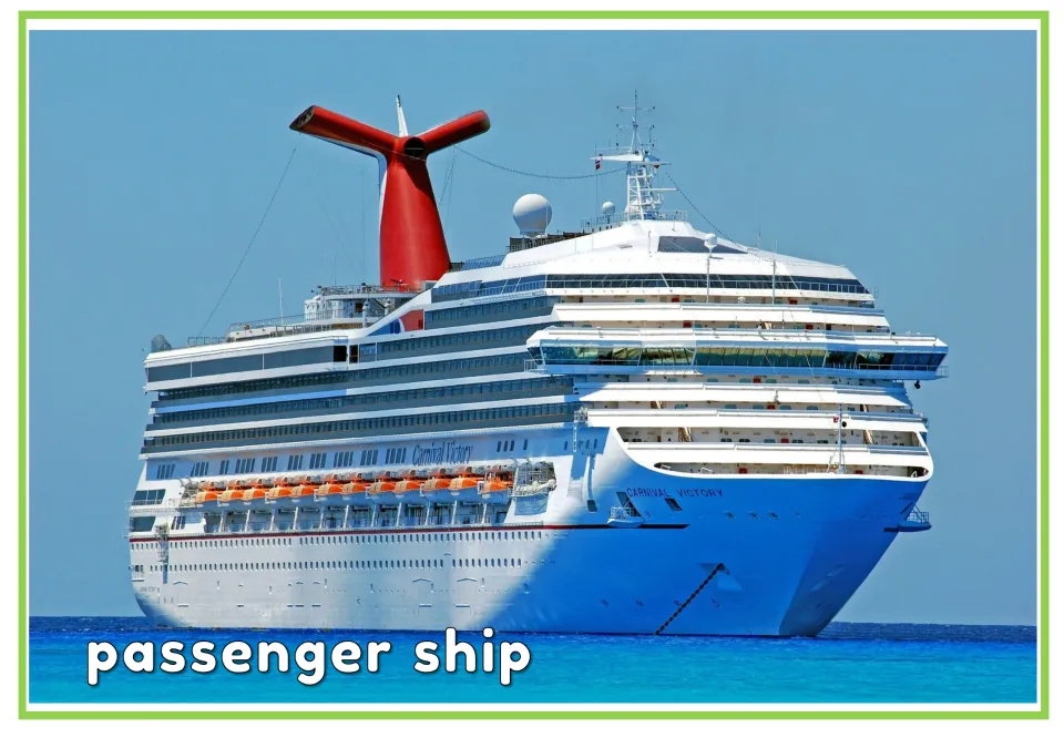 Labeled watercraft vocabulary flashcard showing a large cruise ship with the English words 'passenger ship'