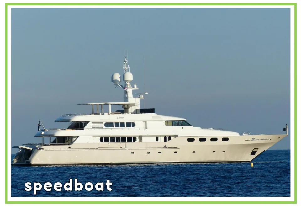 Labeled watercraft vocabulary flashcard showing a large white motor yacht with the English label 'speedboat'