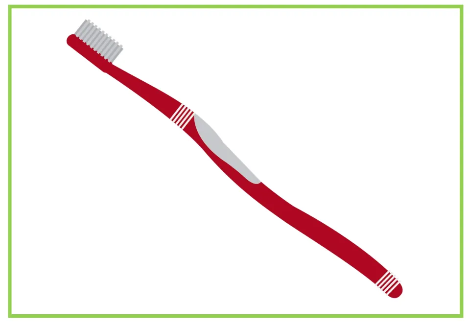 Dental vocabulary flashcard showing a red toothbrush with white bristles and a gray grip, without a label