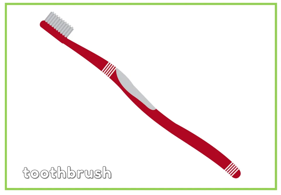 Dental vocabulary flashcard labeled 'toothbrush', showing a red toothbrush with white bristles and a gray grip