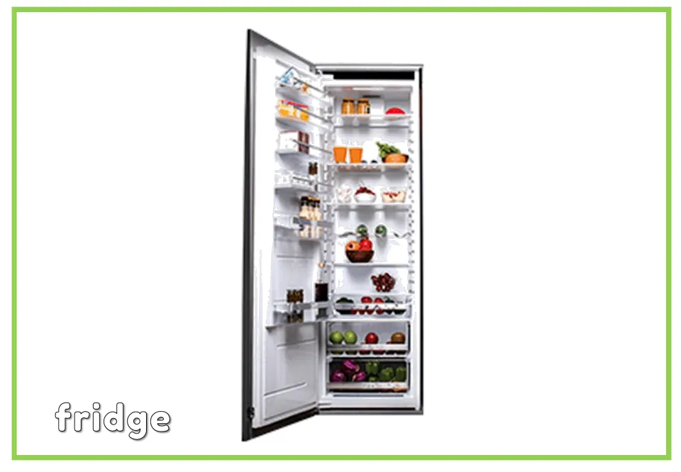 Appliance vocabulary flashcard labeled "fridge," showing an open refrigerator with food on its shelves