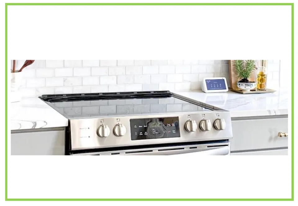 Appliance vocabulary flashcard showing a smooth black stovetop and its control knobs, without a label
