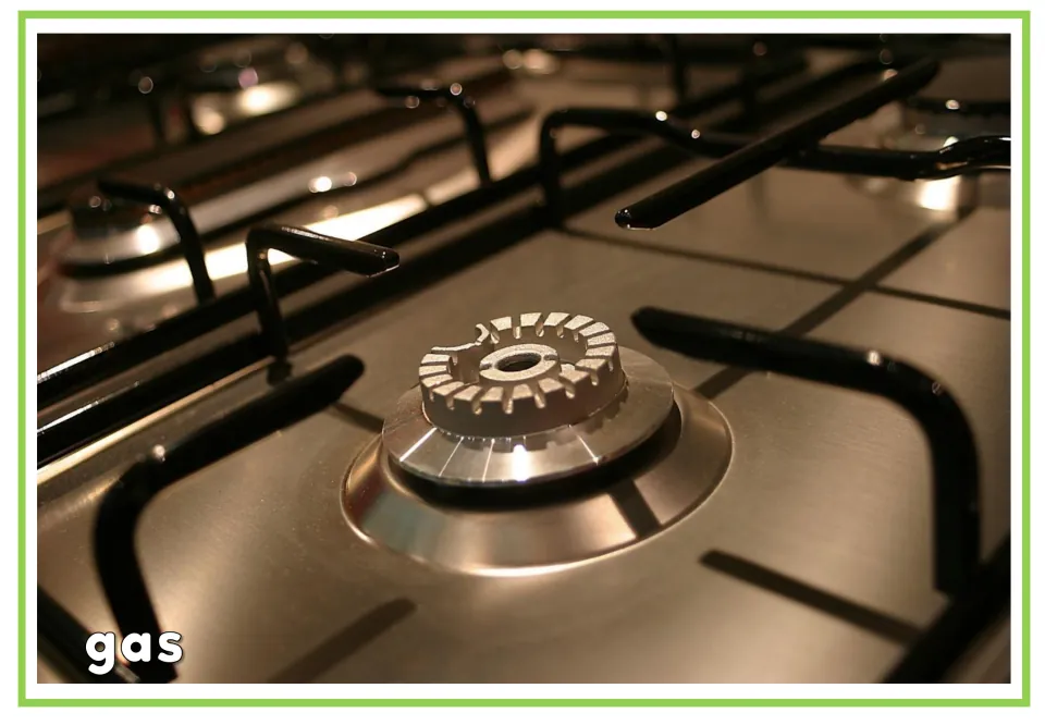 Appliance vocabulary flashcard labeled "gas," showing a close-up of a burner surrounded by a metal grate
