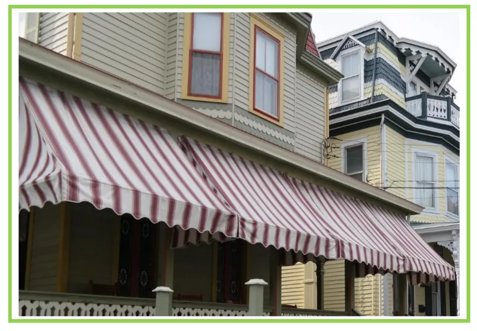 Picture-only garden vocabulary flashcard showing a striped awning extending over the porch of a house