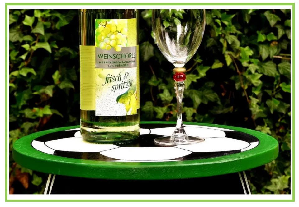 Picture-only garden vocabulary flashcard showing a round green coffee table holding a bottle and a glass