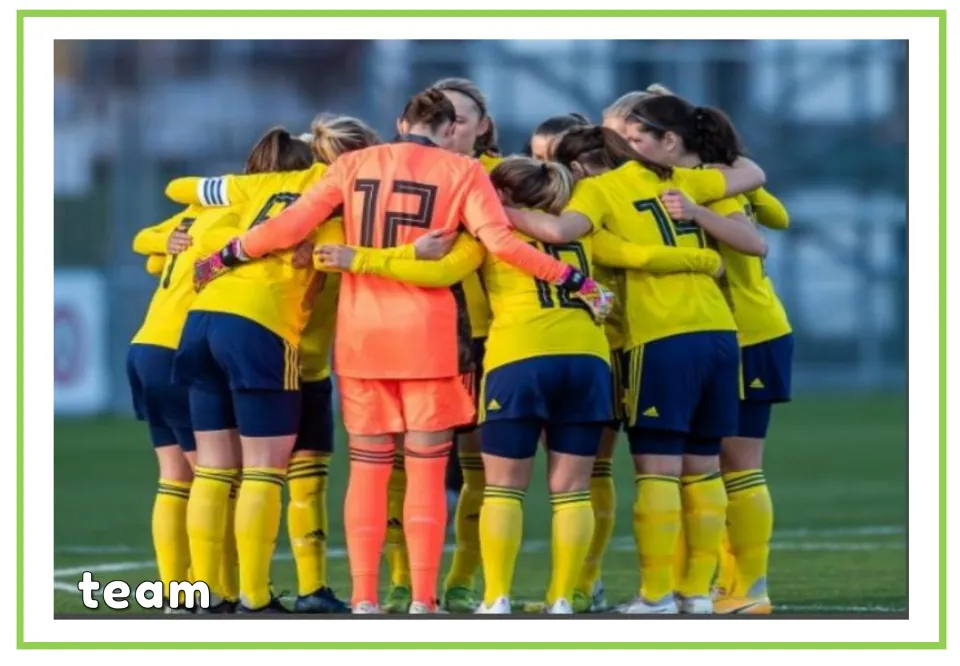 Labeled soccer vocabulary flashcard showing the word team and players in uniform huddling on a field