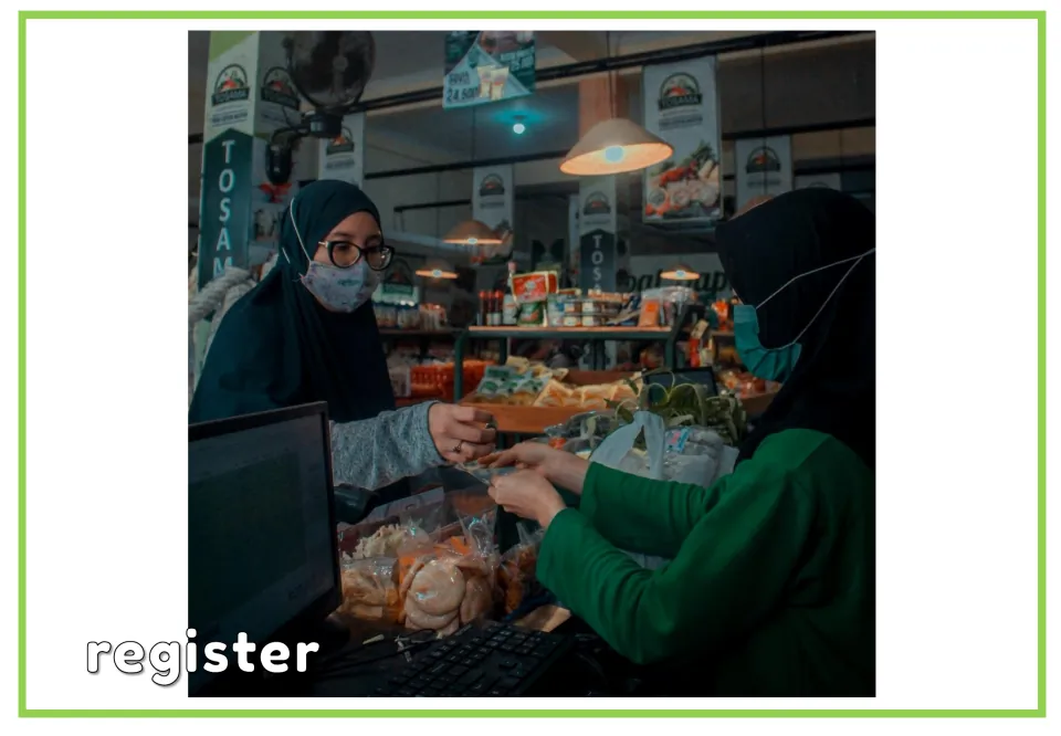 Labeled shopping vocabulary flashcard for 'register,' showing a customer and cashier at a store checkout
