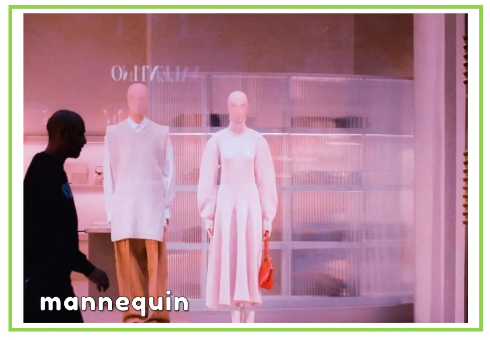 Labeled shopping vocabulary flashcard for 'mannequin,' showing two dressed mannequins in a store window