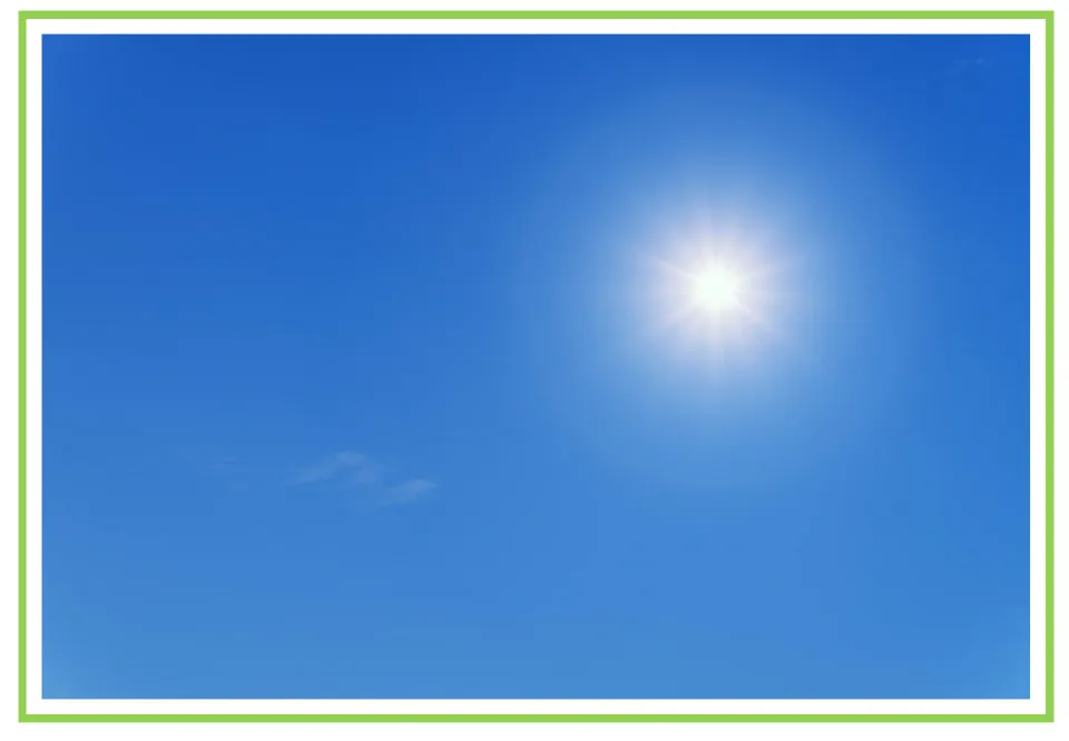 Picture-only weather vocabulary flashcard showing the sun in a blue sky, paired with the labeled sun card