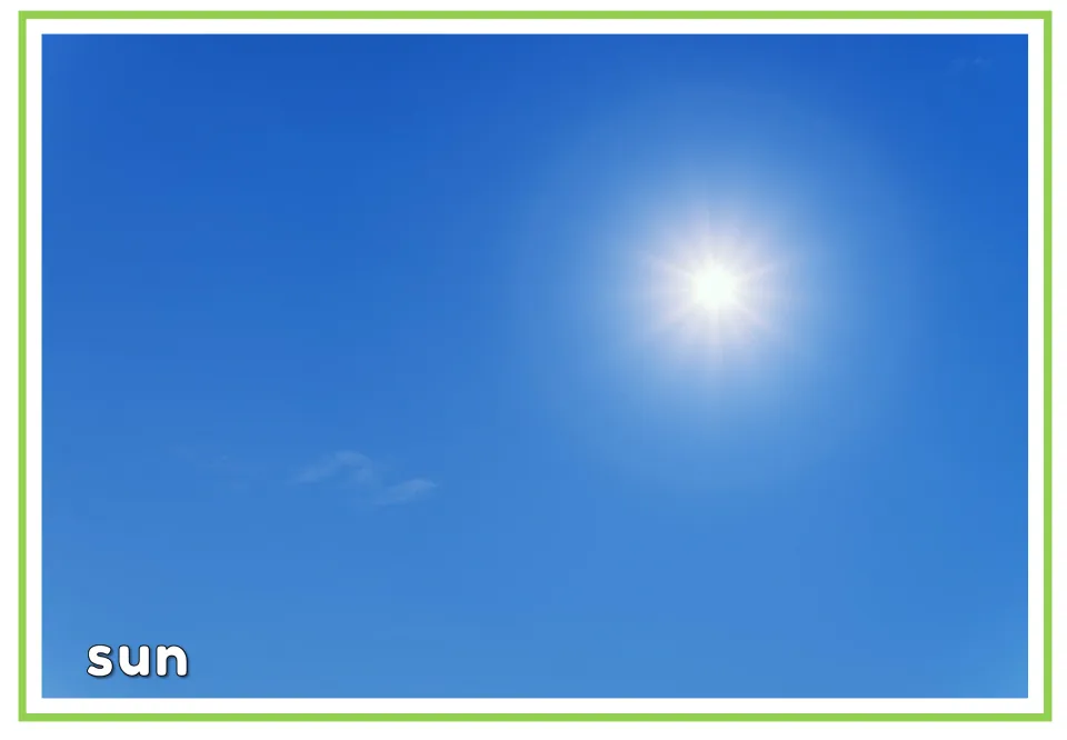 Labeled weather vocabulary flashcard showing the sun in a blue sky with the word 'sun' for English vocabulary