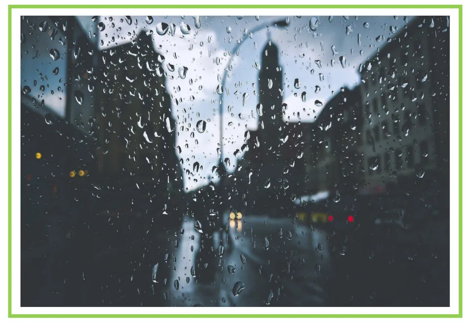 Picture-only weather vocabulary flashcard showing raindrops on a window, paired with the labeled rain card