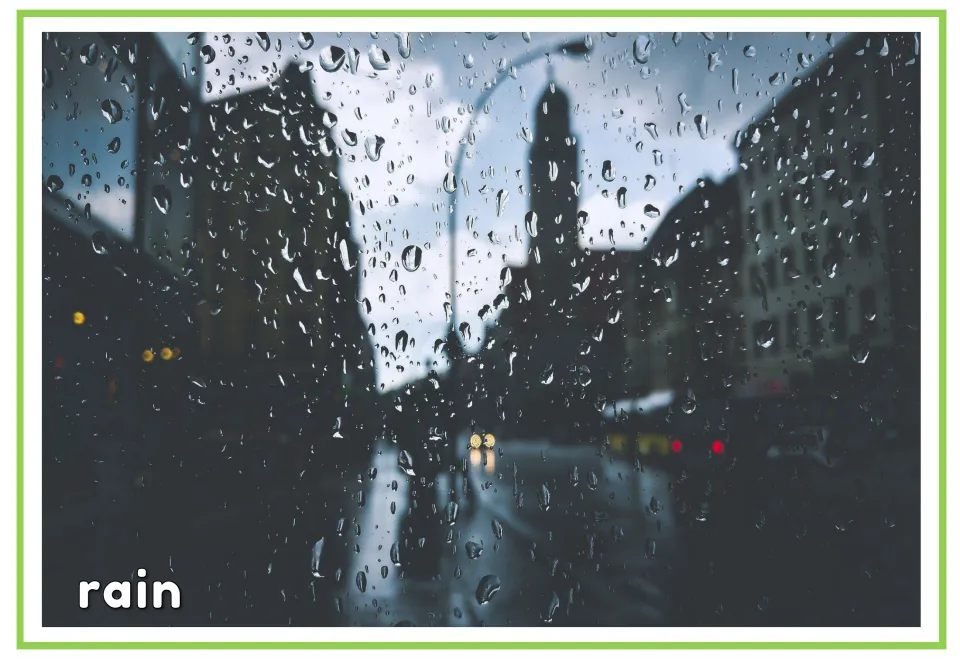 Labeled weather vocabulary flashcard showing raindrops on a window with the word 'rain' beneath the scene