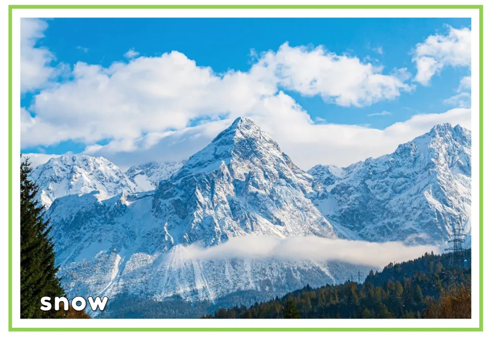 Labeled weather vocabulary flashcard showing snow-covered mountain peaks with the English word 'snow'
