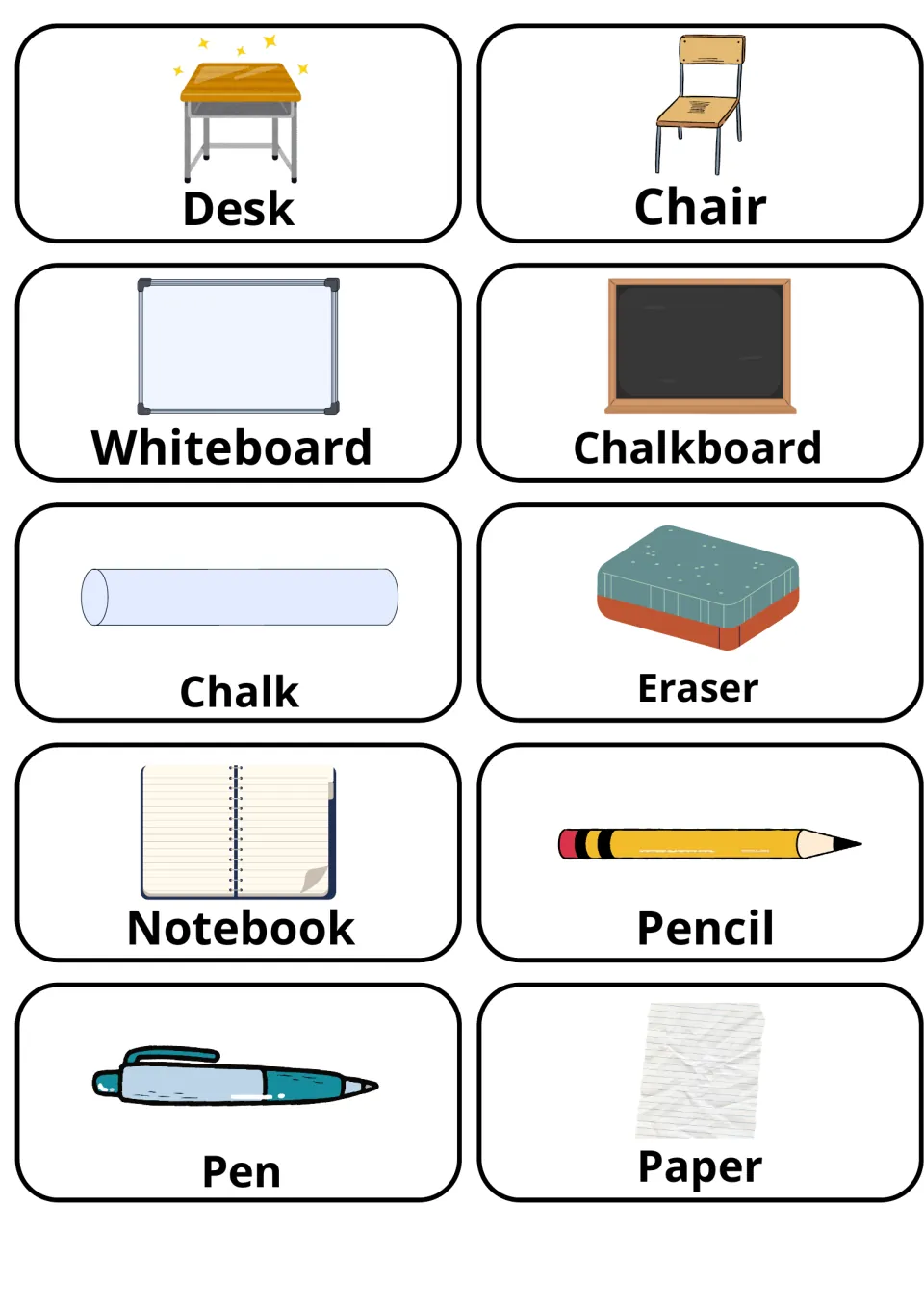 Classroom objects vocabulary: picture flashcards for desk, chair, whiteboard, chalkboard, chalk, eraser, pen and paper