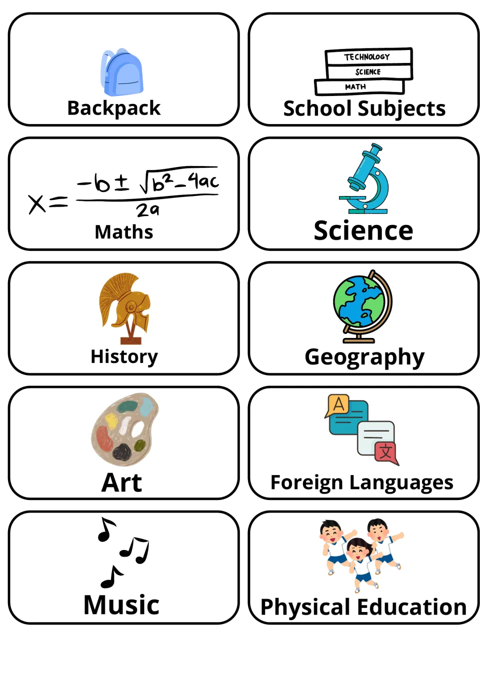 School subjects vocabulary: picture cards for maths, science, history, geography, art, music and physical education