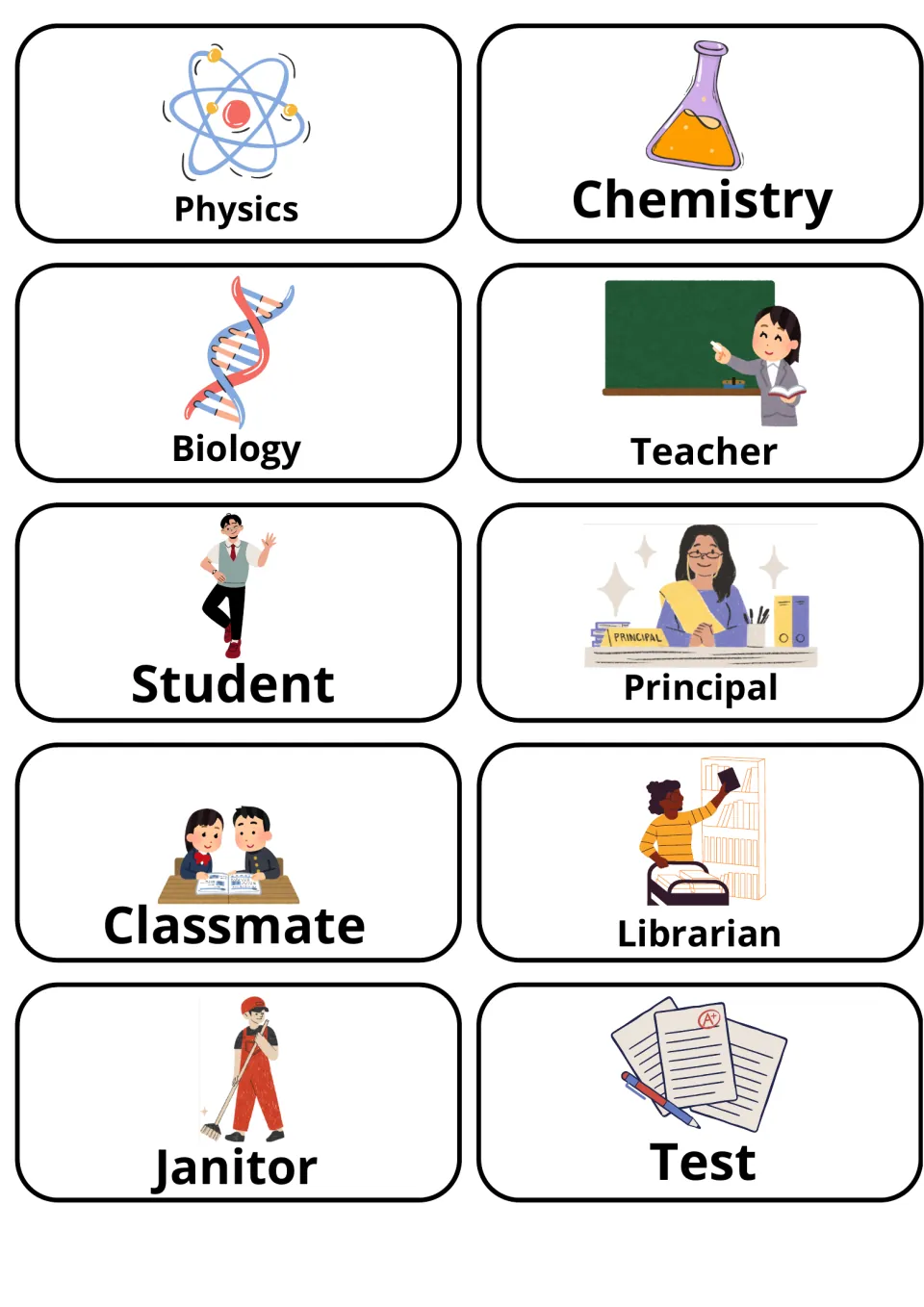 Science branches and school people: picture cards for physics, chemistry, biology, teacher, principal, librarian, janitor