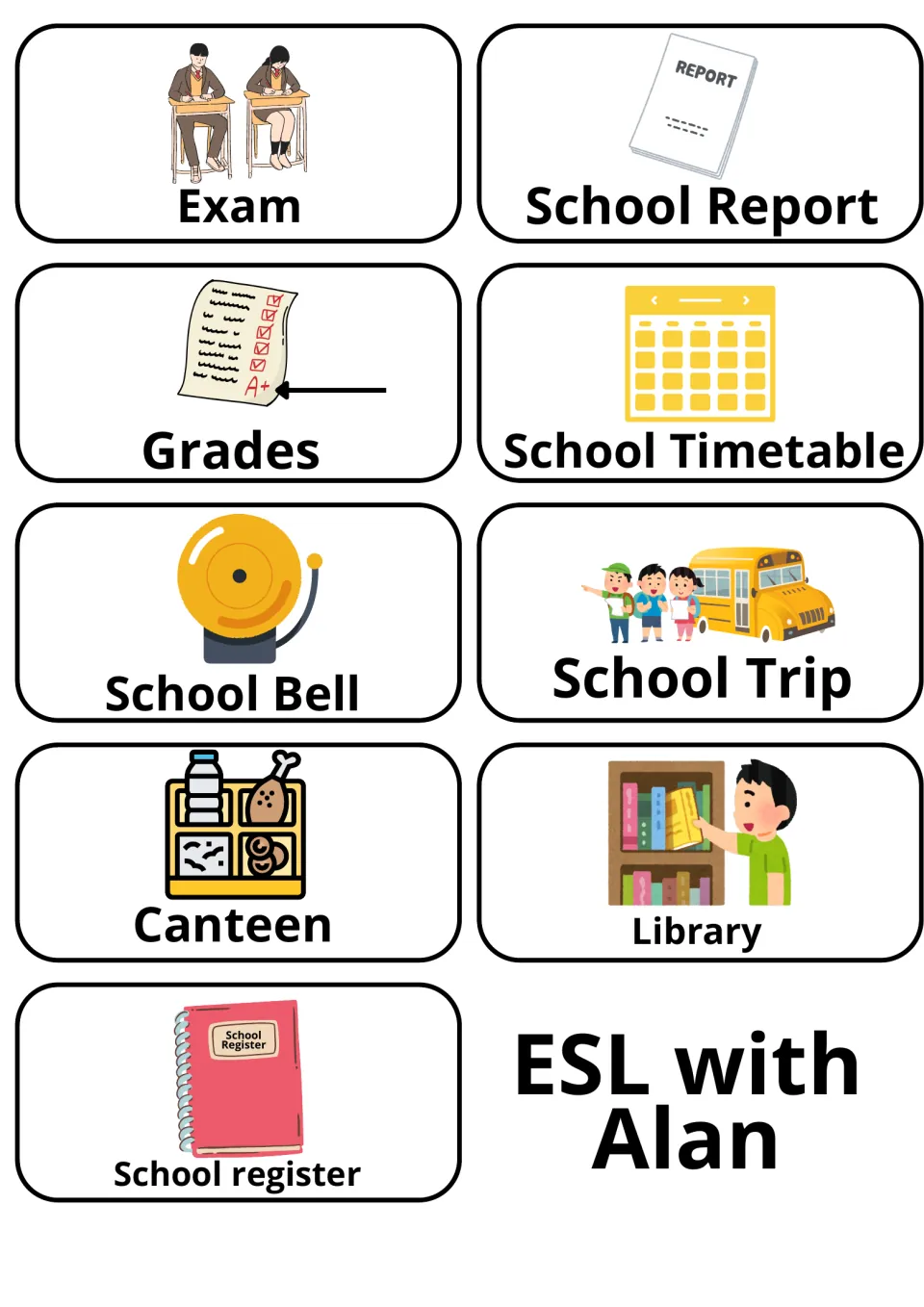 School life vocabulary: picture cards for exam, school report, grades, timetable, bell, school trip, canteen and library