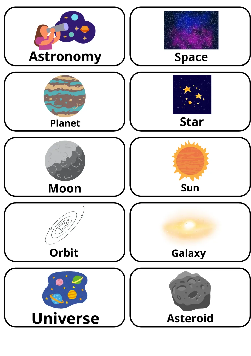 Basic space words: 10 picture flashcards for astronomy, space, planet, star, moon, sun, orbit, galaxy and more
