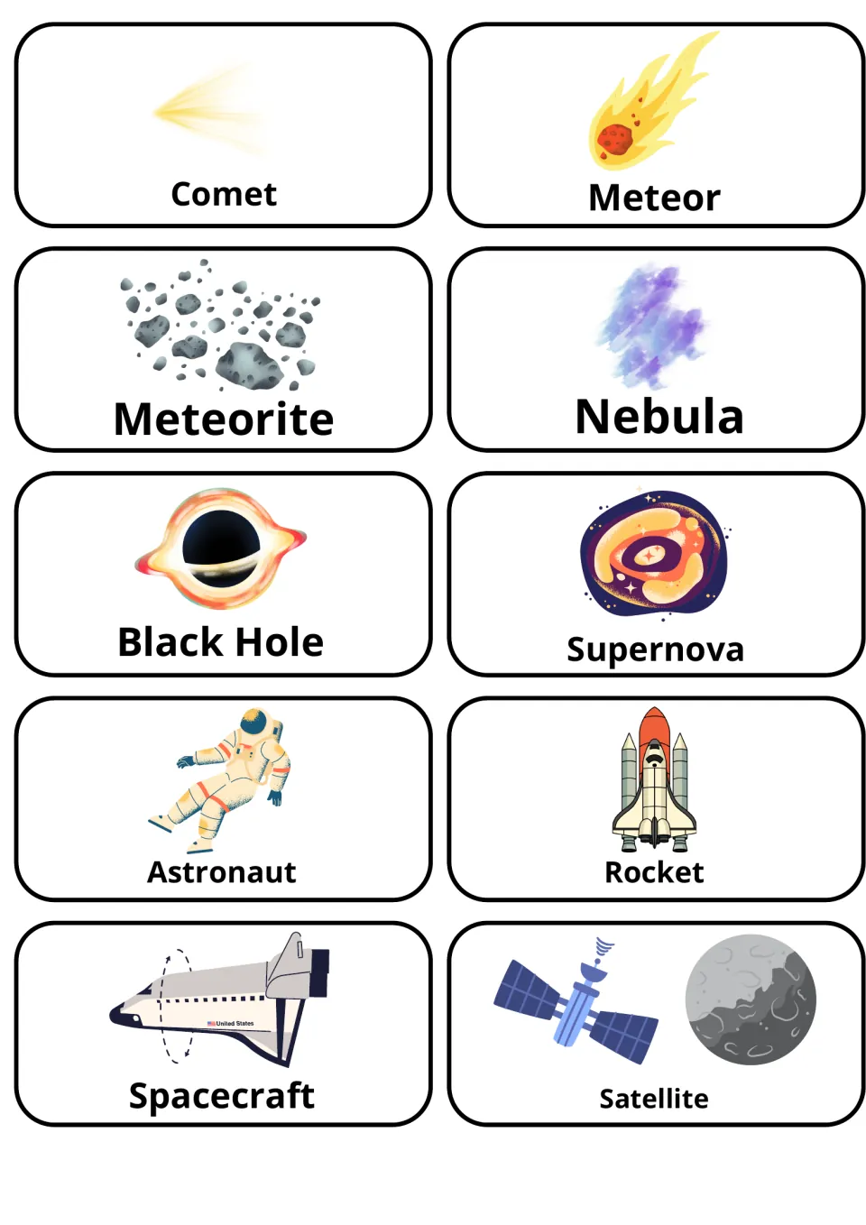 Space objects and travel: picture flashcards for comet, meteor, nebula, black hole, supernova, astronaut and rocket
