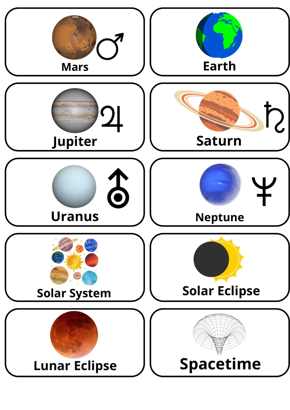 Planet flashcards for Mars, Earth, Jupiter, Saturn, Uranus and Neptune, plus solar system and eclipse picture cards