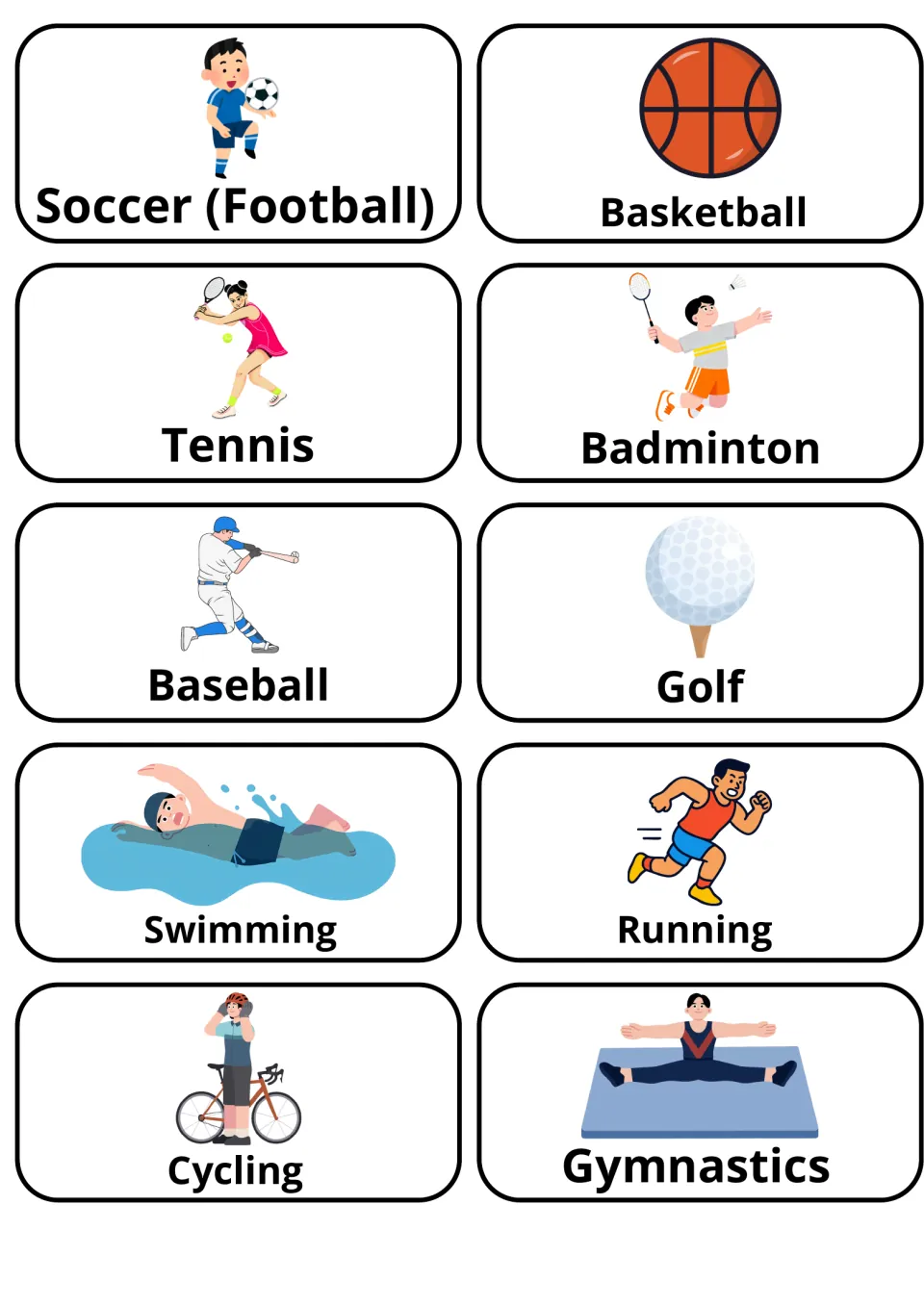 Sports vocabulary: 10 picture flashcards for soccer, basketball, tennis, badminton, baseball, golf, swimming and more