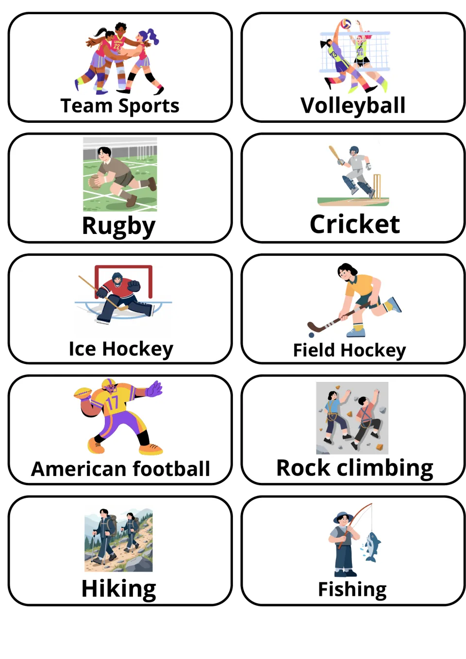 Sports vocabulary: 10 picture cards including team sports, volleyball, rugby, cricket, ice hockey, hiking and fishing