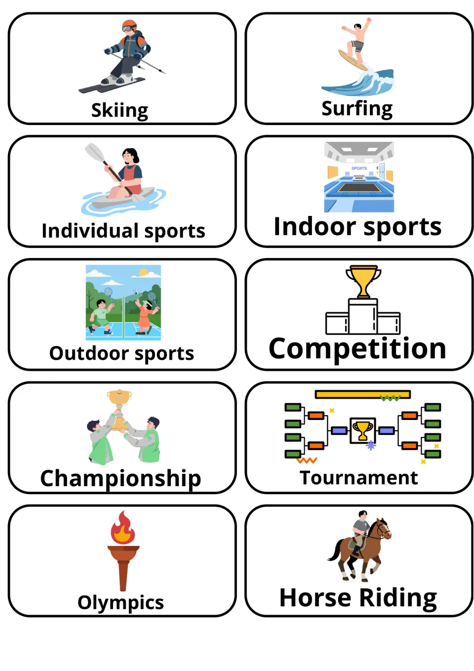 Sports words: 10 picture cards for skiing, surfing, indoor and outdoor sports, competition, tournament and Olympics