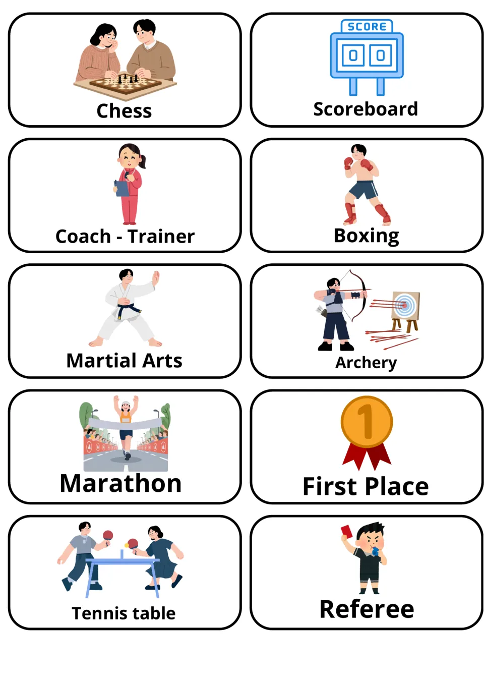 Sports vocabulary: 10 picture cards for chess, scoreboard, coach, boxing, archery, marathon, first place and referee