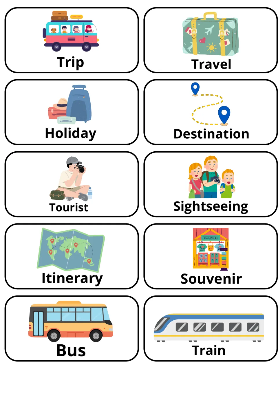 Travel vocabulary picture cards: 10 labeled cards for trip, holiday, tourist, itinerary, souvenir, bus, train and more