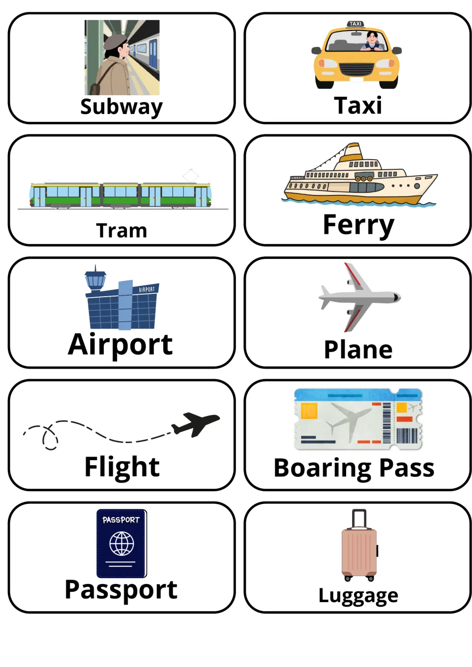 Getting-around word cards: pictures labeled subway, taxi, tram, ferry, airport, plane, flight, passport and luggage