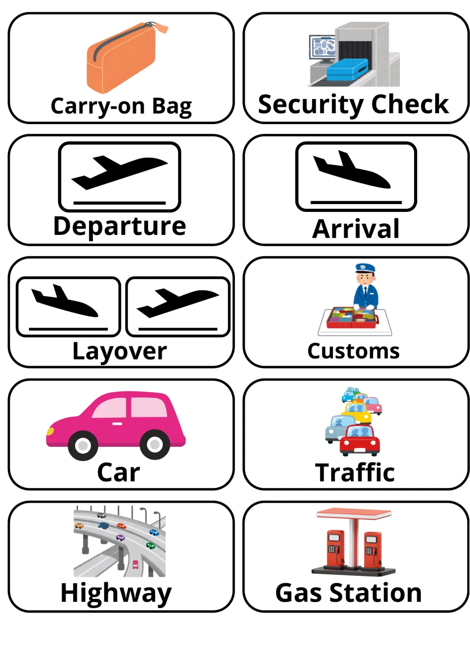 Airport and road word cards: carry-on bag, security check, departure, arrival, layover, customs, car, traffic, highway