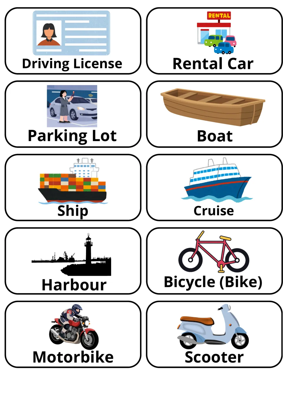 Road and sea transport cards: driving license, rental car, parking lot, boat, ship, cruise, harbour, bicycle, scooter
