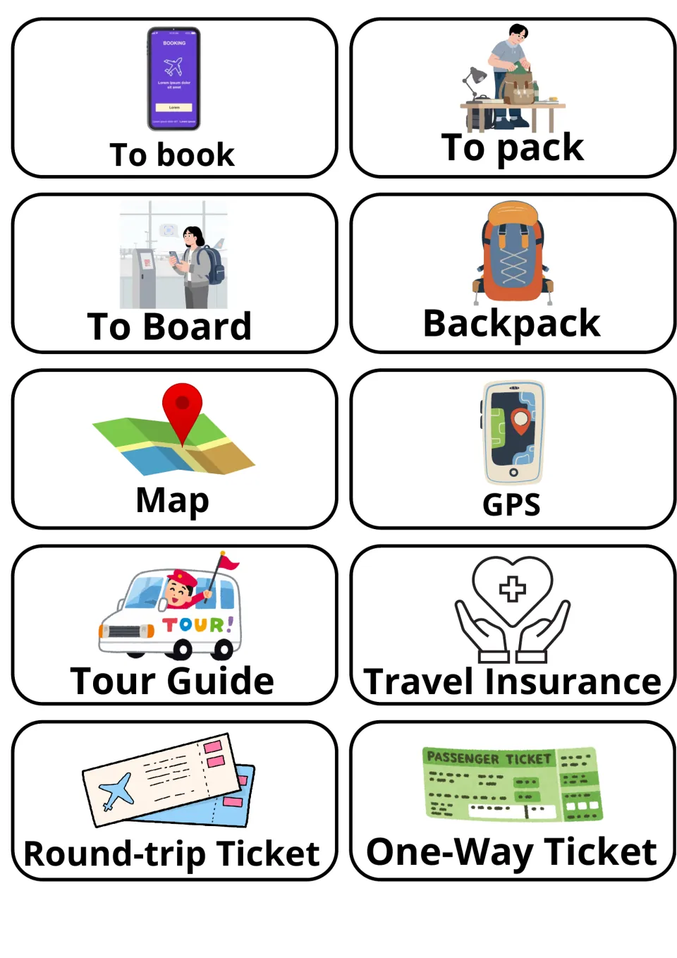Trip planning picture cards: to book, to pack, to board, backpack, map, GPS, tour guide, round-trip, one-way ticket