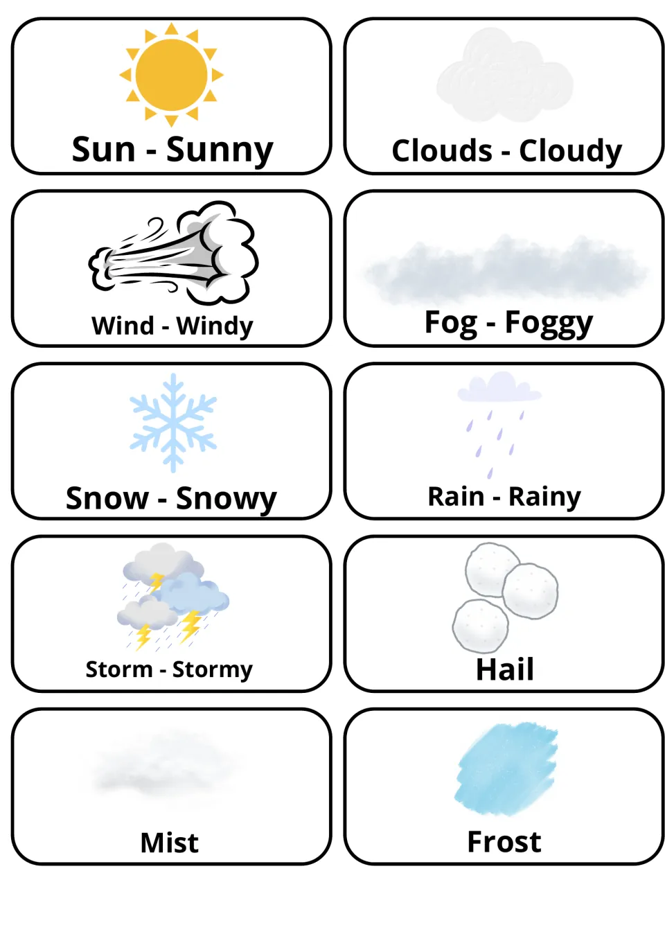 Weather flashcards: 10 picture cards pair nouns and adjectives like Sun - Sunny, Fog - Foggy, plus Hail, Mist and Frost