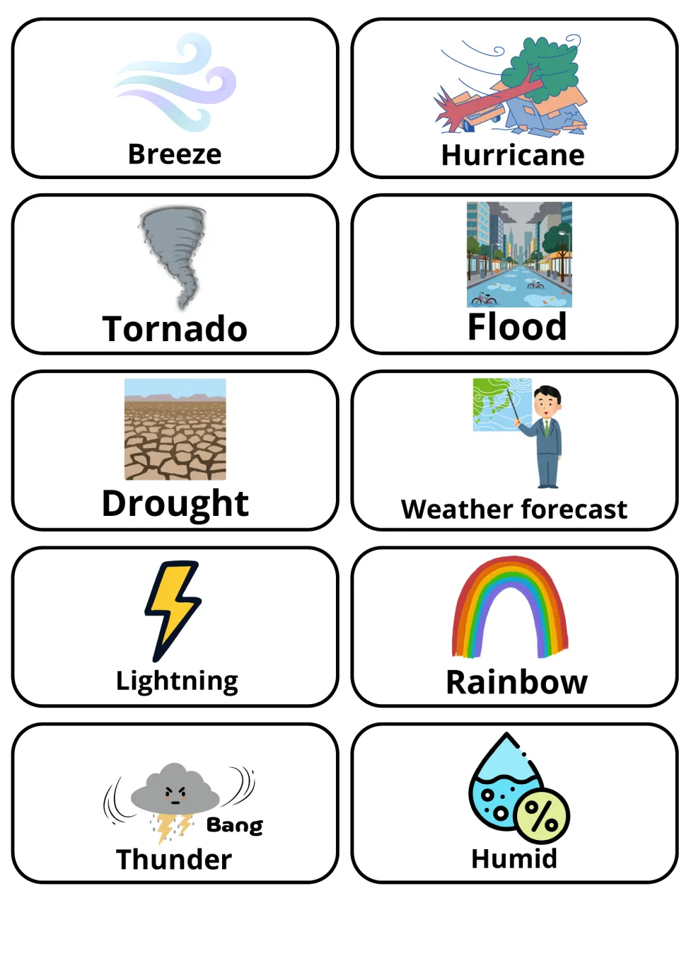 Extreme weather picture cards: Hurricane, Tornado, Flood, Drought, Lightning, Thunder, plus Breeze, Rainbow and Humid