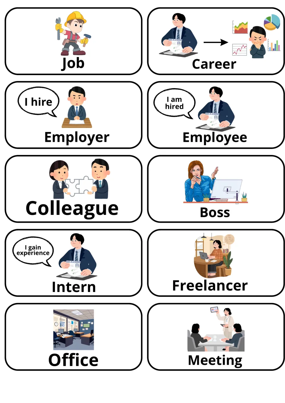 Work roles flashcards: 10 picture cards for job, career, employer, employee, colleague, boss, intern, freelancer, office