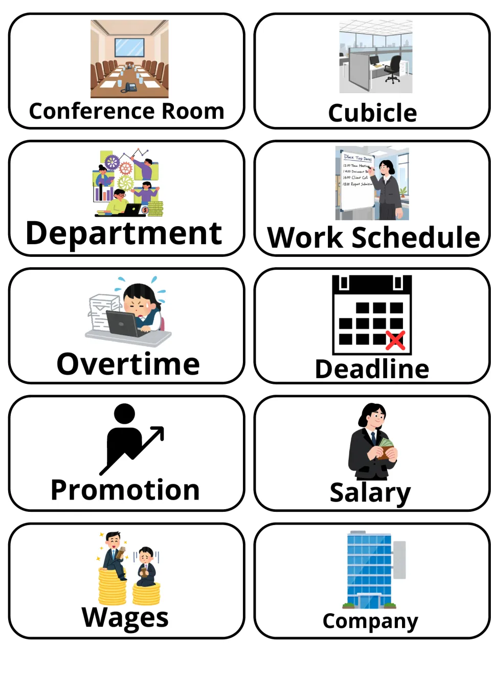 Workplace picture cards: conference room, cubicle, department, work schedule, overtime, deadline, promotion, salary, wages