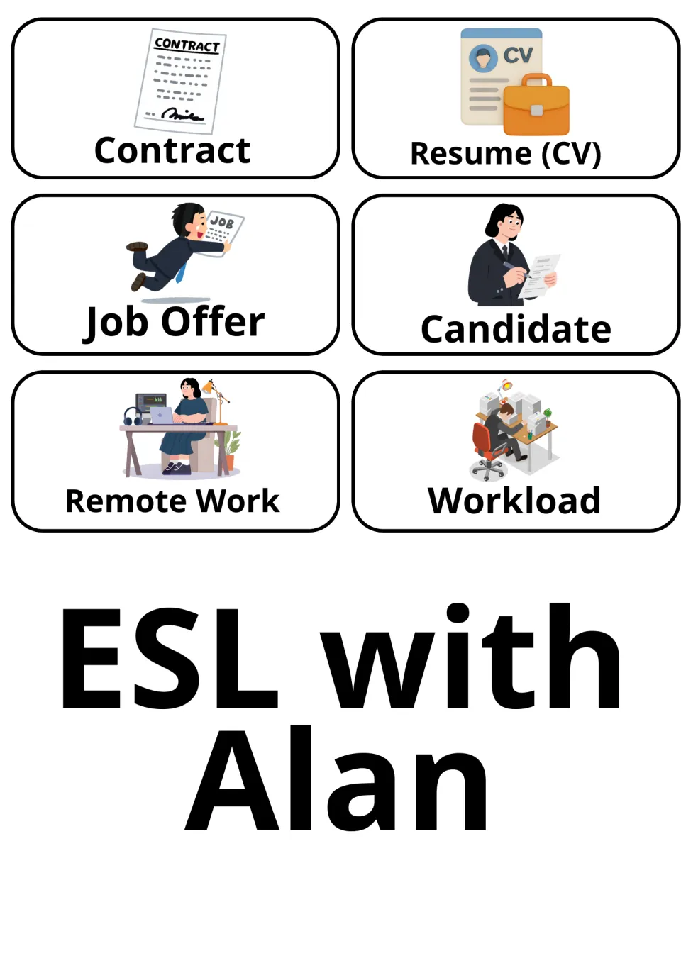 Hiring picture cards for contract, resume (CV), job offer, candidate, remote work and workload, with an ESL with Alan label