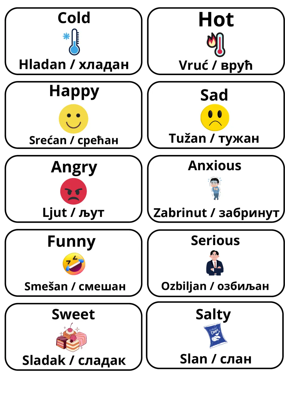 Feelings and senses adjectives in Serbian: cold, hot, happy, sad, angry, anxious, funny, serious, sweet, salty, with emoji