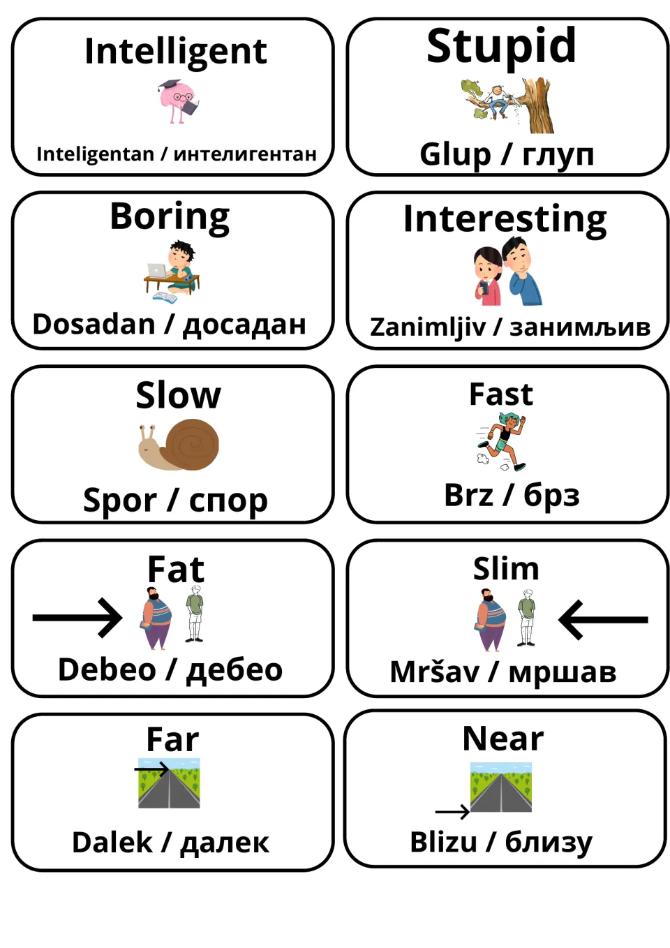 Adjective pairs in English and Serbian: intelligent/stupid, boring/interesting, slow/fast, fat/slim, far/near with images