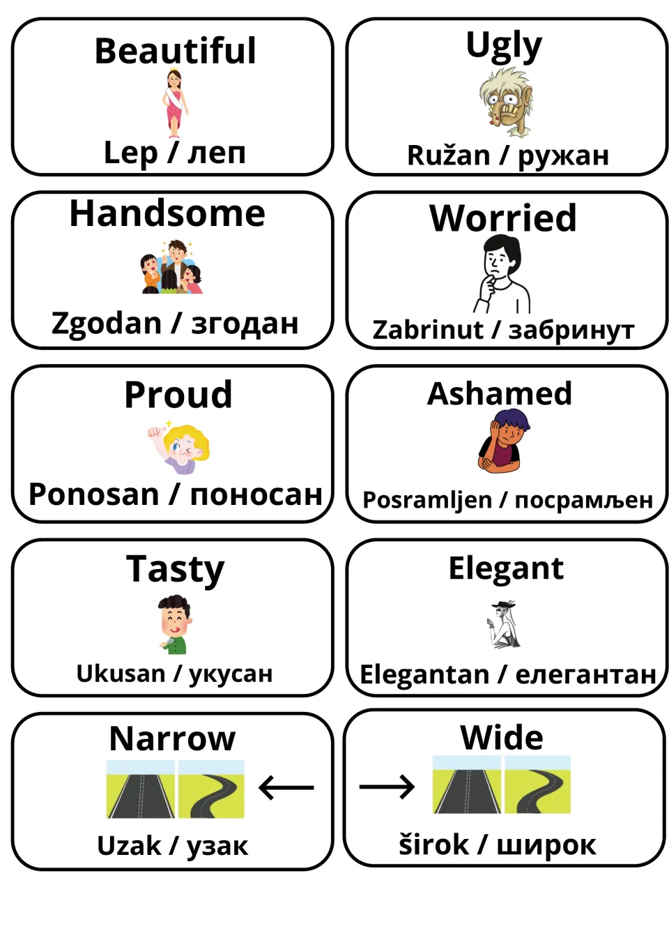 Serbian describing words: beautiful, ugly, handsome, worried, proud, ashamed, tasty, elegant, narrow, wide, with pictures
