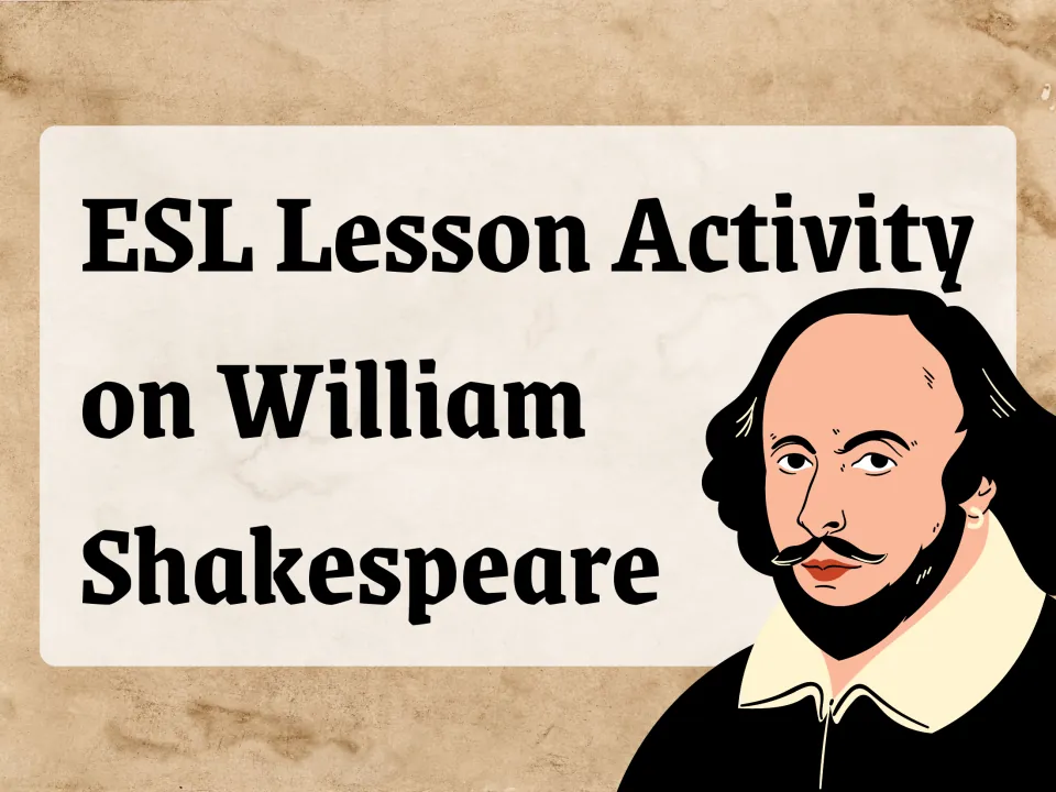 Cover of the ESL lesson on William Shakespeare, introducing the writer as the subject of the activities