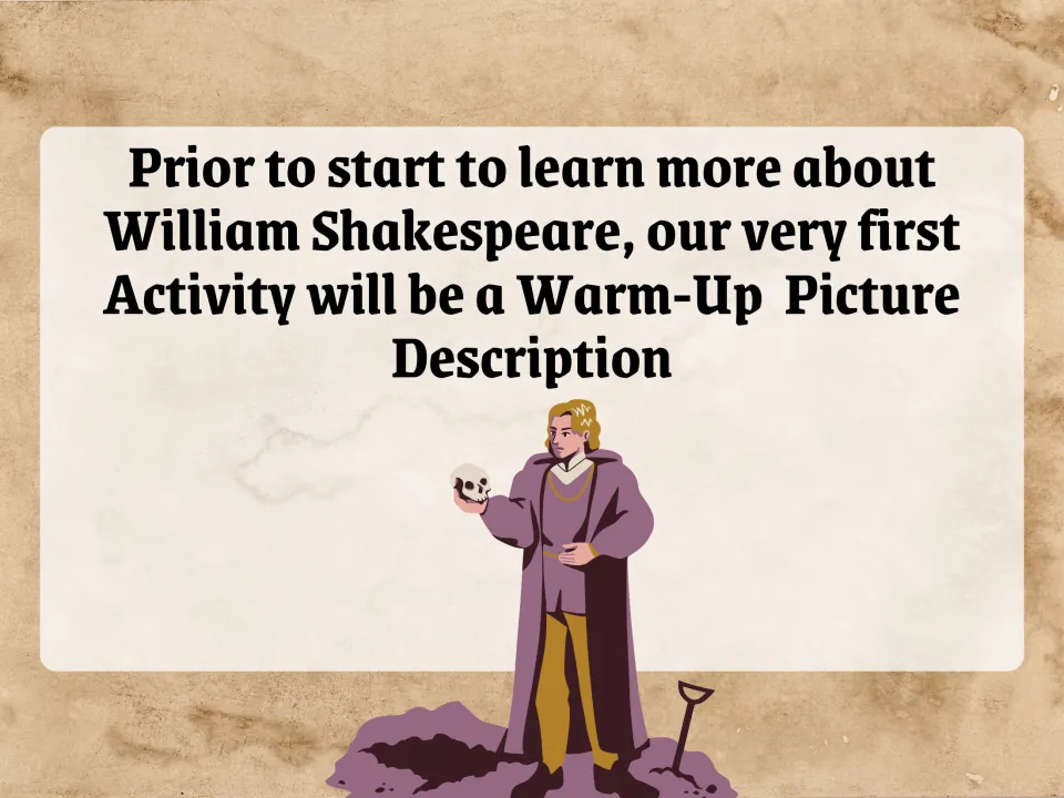 Activity introduction announces a warm-up picture description before learning more about Shakespeare