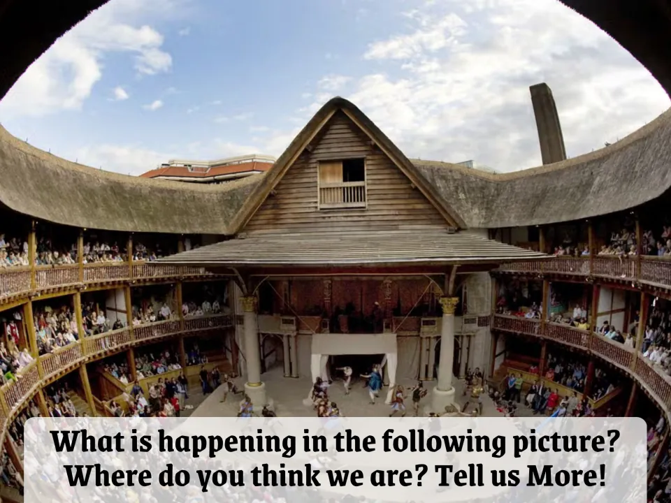 First picture-description prompt shows the Globe Theatre and asks what is happening and where we are