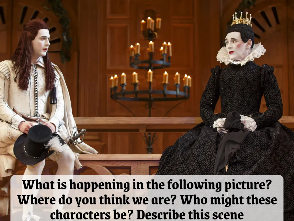 Second picture-description prompt shows two costumed actors and asks about the setting and characters
