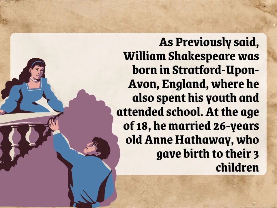 Biography slide covers Shakespeare's youth in Stratford-upon-Avon, marriage to Anne Hathaway, and three children