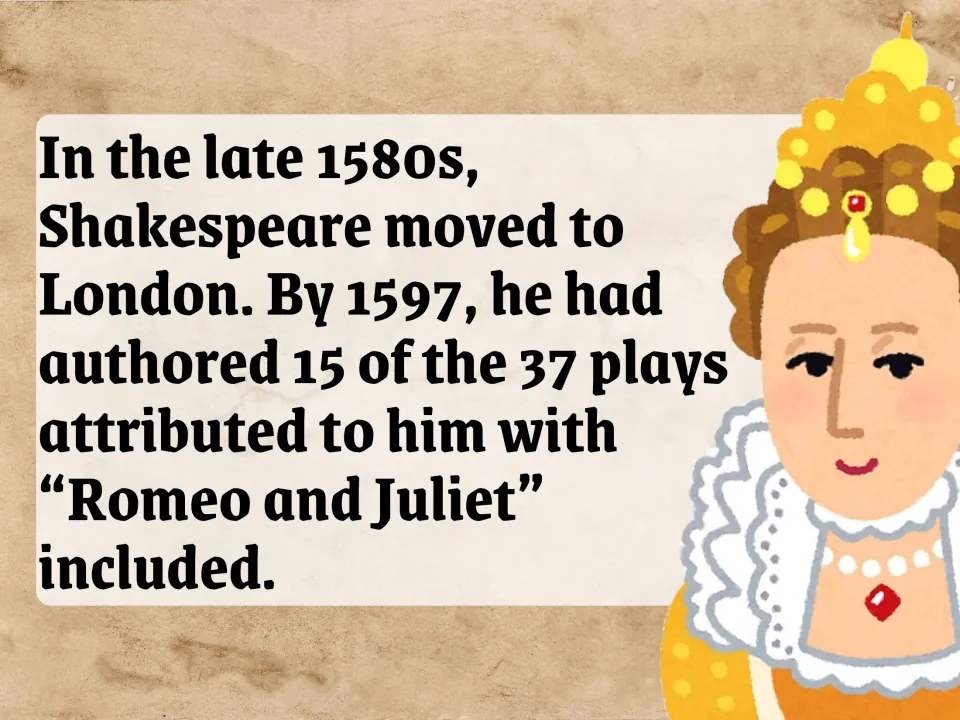 Biography slide describes Shakespeare's move to London in the late 1580s and says he wrote 15 plays by 1597