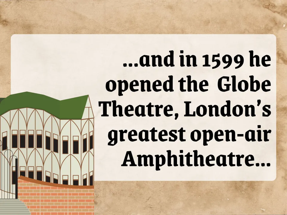 Biography slide introduces the Globe Theatre's opening in 1599 and describes it as an open-air amphitheater