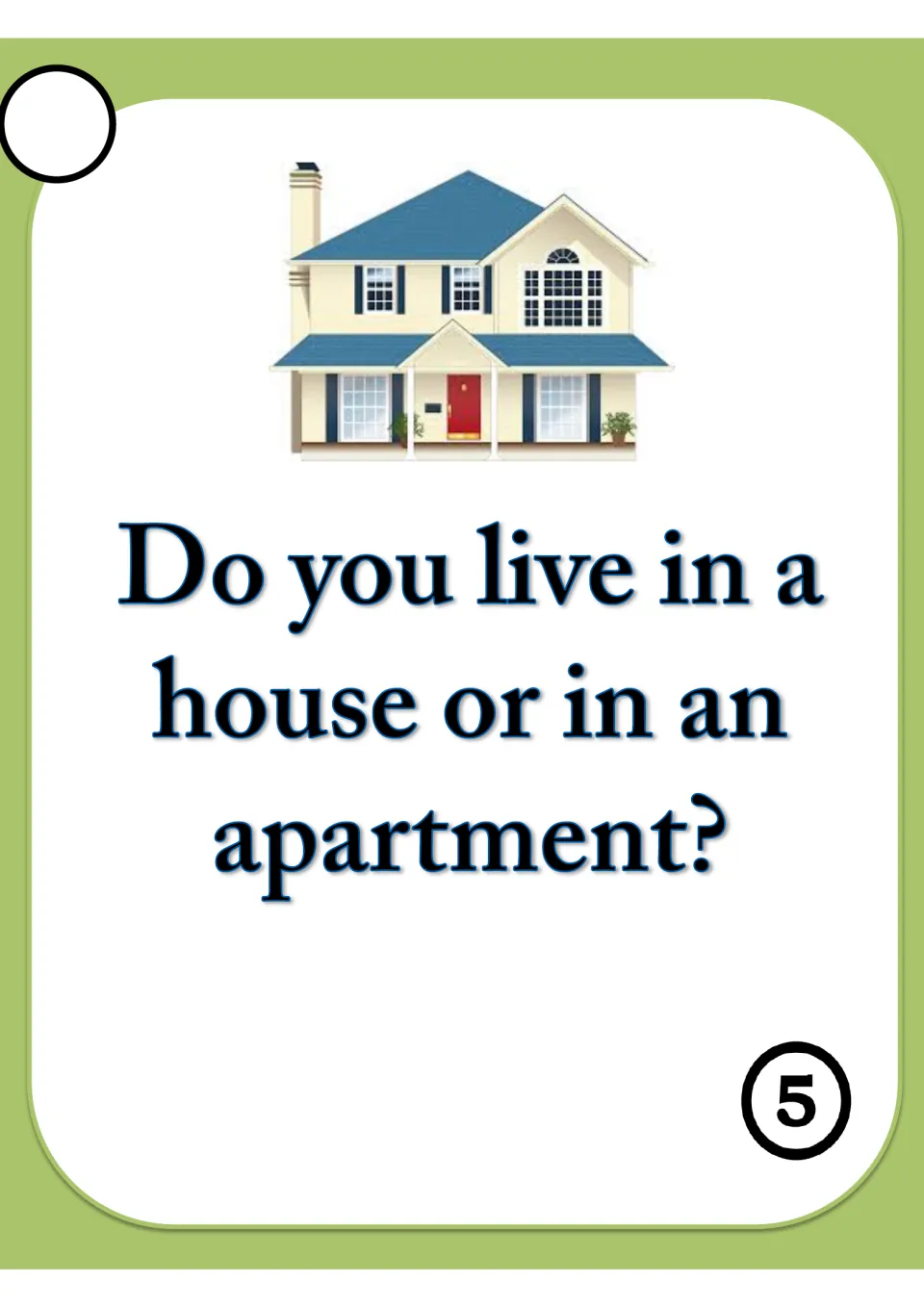 Speaking card 5 on types of homes: students answer 'Do you live in a house or in an apartment?'